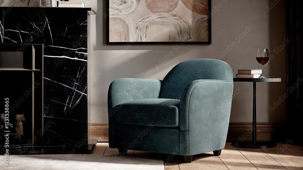 Poster A cozy reading corner with a plush deep grey armchair set beside a black stone fireplace adorned with minimalist art that echoes volcanic patterns and a small side table holding a