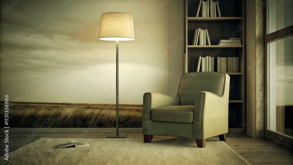 Poster A peaceful reading nook nestled in a corner with a plush armchair in muted greens and browns a floor lamp casting soft light and shelves b with natureinspired books all while