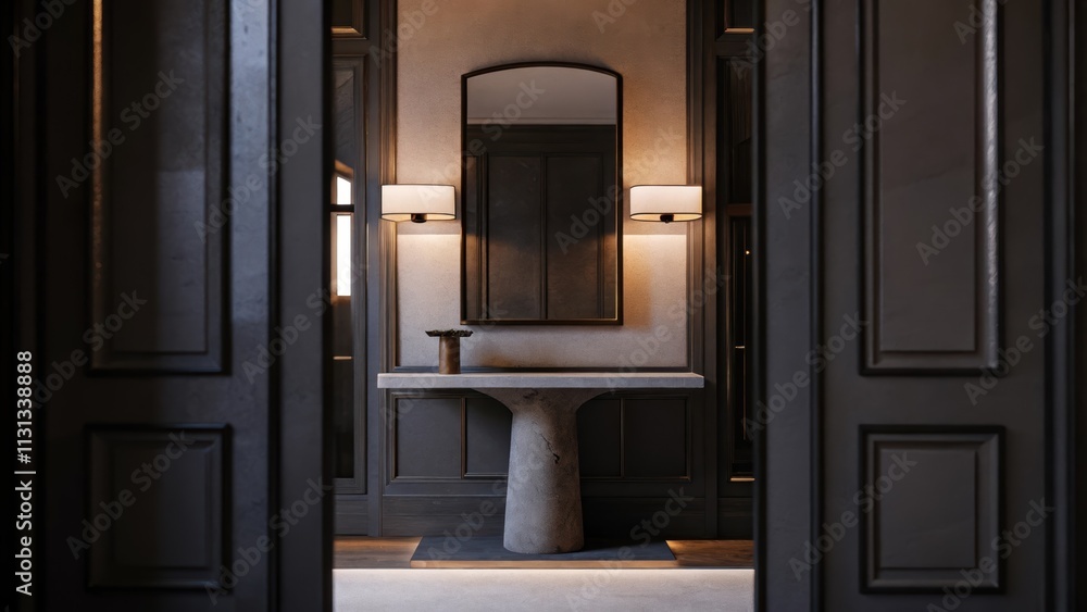 Poster An entryway defined by a sculptural console table fashioned from volcanic ash flanked by dark wooden cabinets and highlighted with lowlight wall fixtures that create a warm