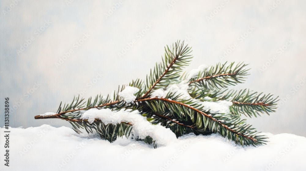 Aufkleber Snow-covered Christmas tree branch resting on soft white snow creating a serene winter atmosphere.