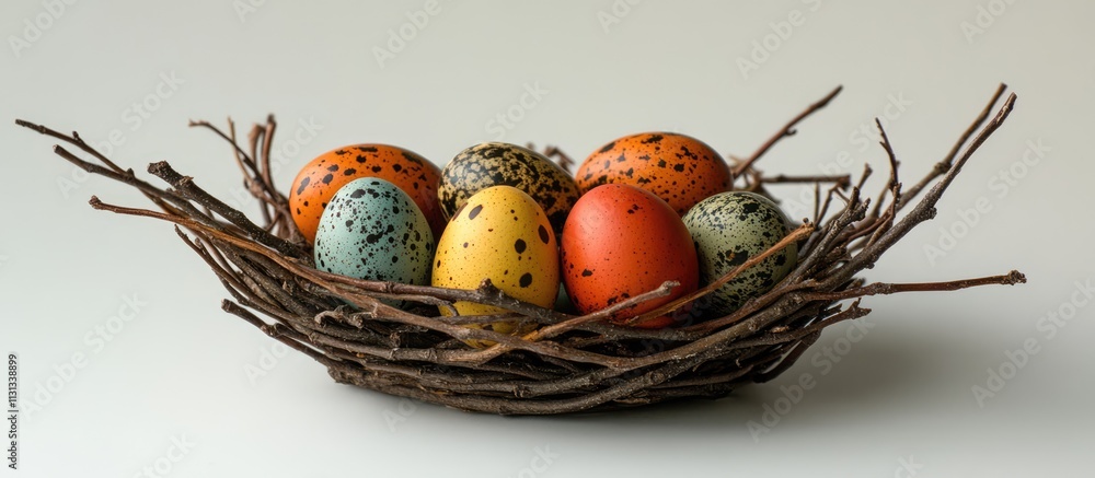 Poster colorful speckled quail eggs arranged in a rustic willow twig nest creating a vibrant and natural de
