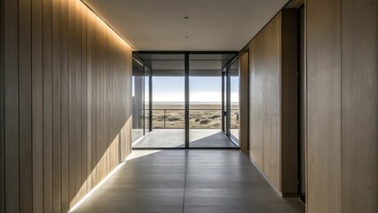Obraz premium A sleek hallway lined with natural wood paneling illuminated by soft lighting from above leading to a panoramic glass wall that opens out to vast sunny plains.
