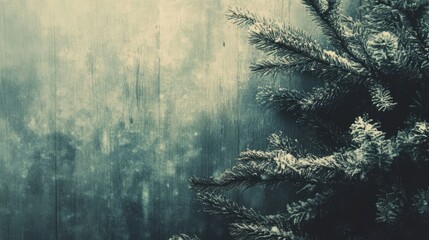 Obraz premium Vintage Christmas tree branches against a rustic wooden backdrop with a faintly toned background for a festive atmosphere