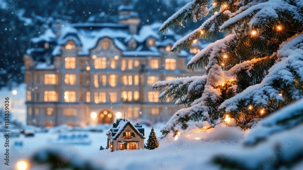 Poster christmas decorations on a snowy fir tree with a luxury hotel apartment in the background creating a