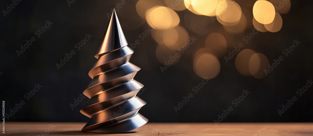 Aufkleber modern metallic christmas tree centerpiece with bokeh lights on wooden table creating a festive and 