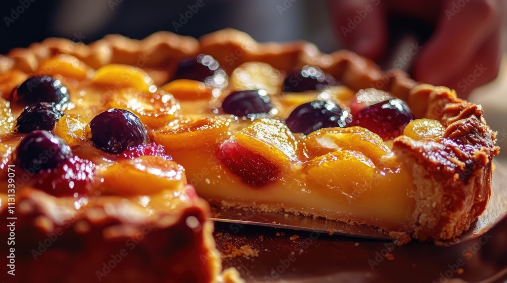 Poster festive fruit pie with colorful fruits and creamy filling showcased in a close-up slice presentation