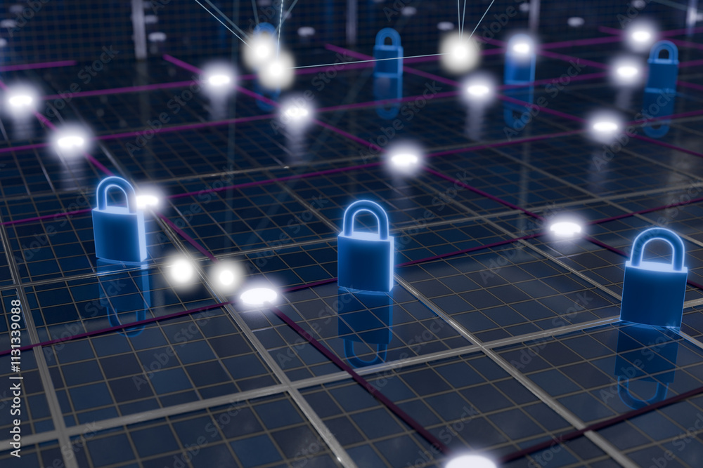 Poster digital locks represent cybersecurity in a virtual network, emphasizing data protection and privacy.