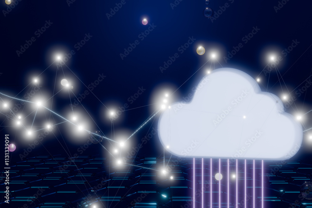 Poster abstract cloud with wires and digital network. 3d rendering