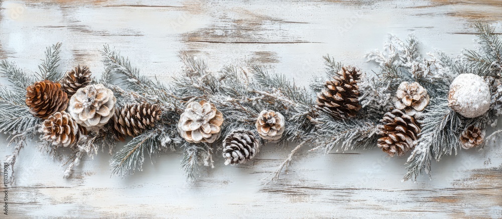 Poster rustic christmas backdrop adorned with frosted fir branches pine cones and decorative ornaments idea