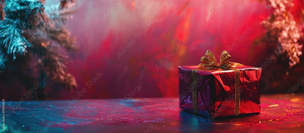 Poster Festive Christmas present atop a colorful background with ample space for personalized messaging or branding opportunities