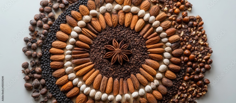 Poster Christmas tree design created from various nuts and spices arranged in a circular pattern viewed from above
