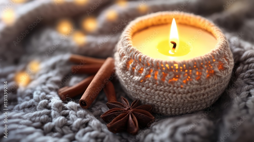 Aufkleber Cozy candlelight with cinnamon sticks on a soft knitted background creating a warm and inviting atmosphere