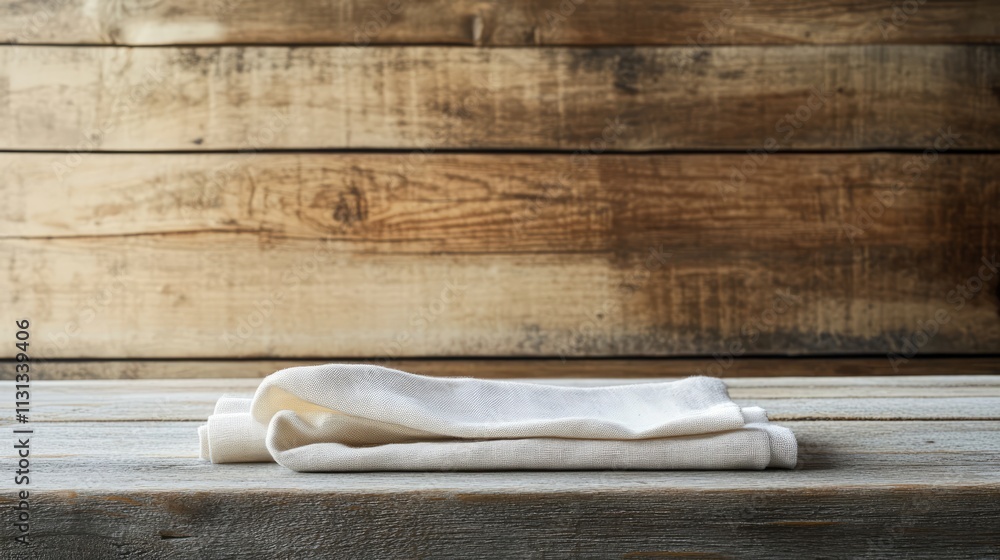 Poster Folded cloth napkin on rustic wooden table with a warm, inviting background ideal for dining or hospitality themes