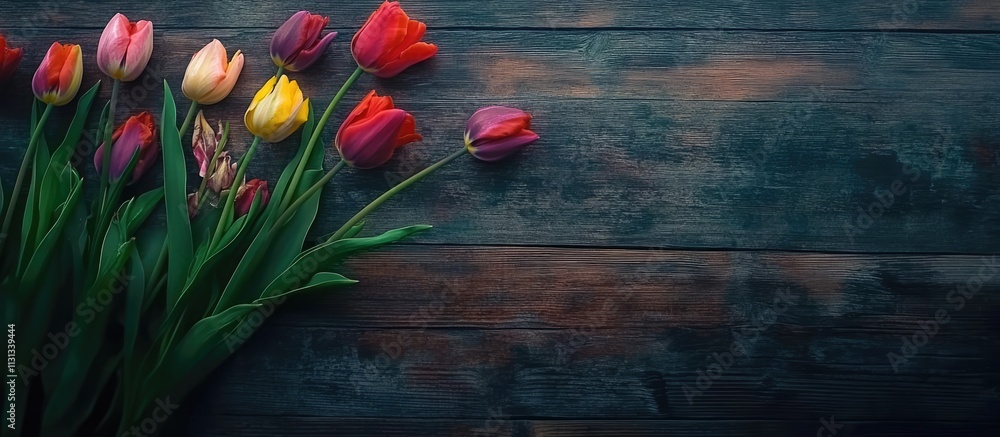Poster vibrant tulip bouquet arranged elegantly on rustic wooden table with ample copy space ideal for flor