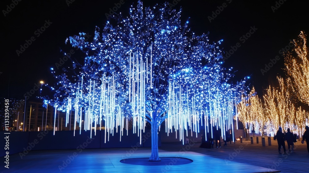 Poster Magical illuminated tree with blue lights and cascading icicle decorations creating a festive atmosphere during the holiday season