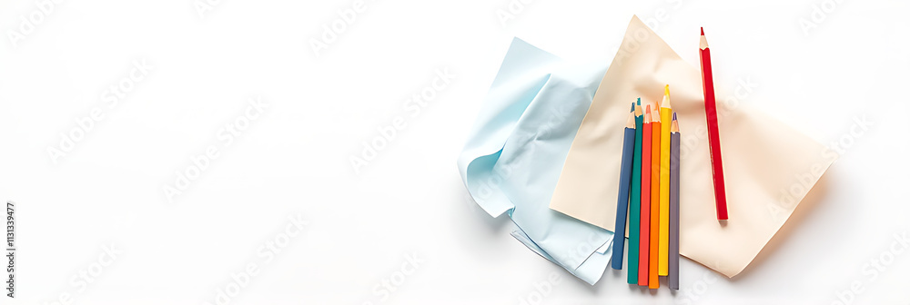 Aufkleber A group of colorful pencils and paper lie crumpled next to each other on a plain white copy space background._00003_