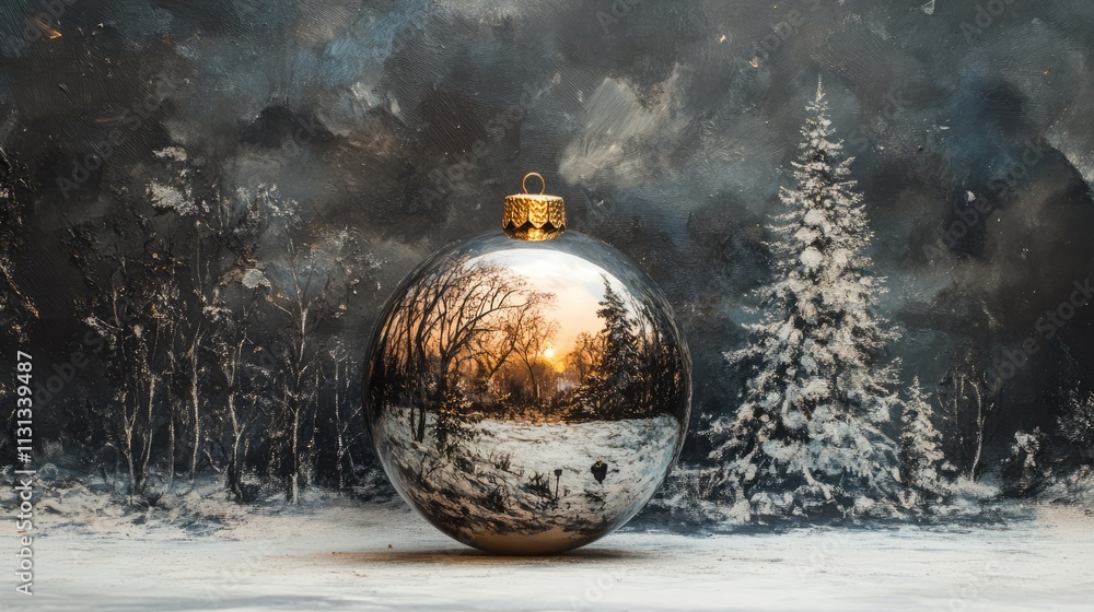Poster reflective christmas tree ornament showcasing a winter landscape with a serene snowy backdrop and a 