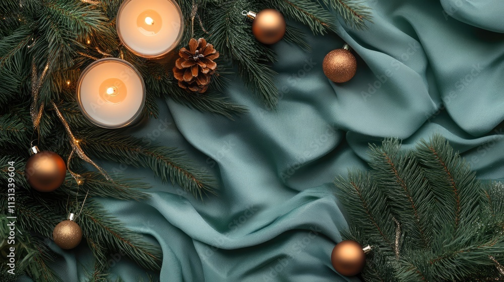 Poster christmas tree branches adorned with candles ornaments and pine cones on a luxurious fabric backgrou