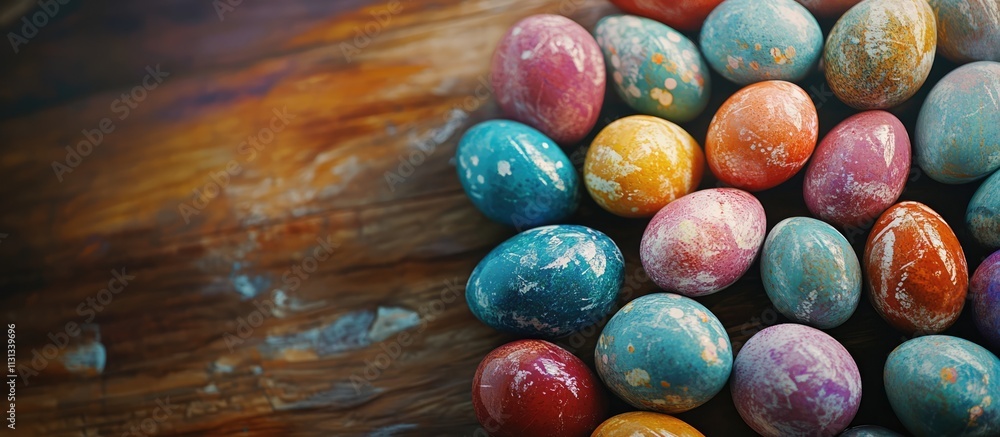 Poster colorful easter eggs arranged on a rustic wooden background creating a festive atmosphere perfect fo