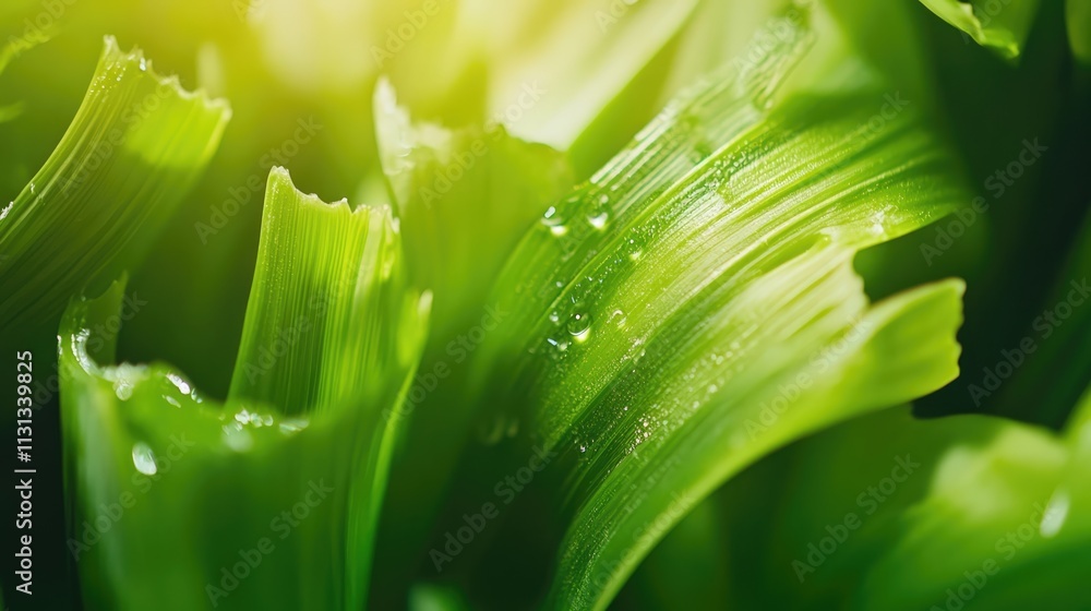 Poster fresh green celery close-up with droplets highlighting the texture and vibrant colors of the leaves 
