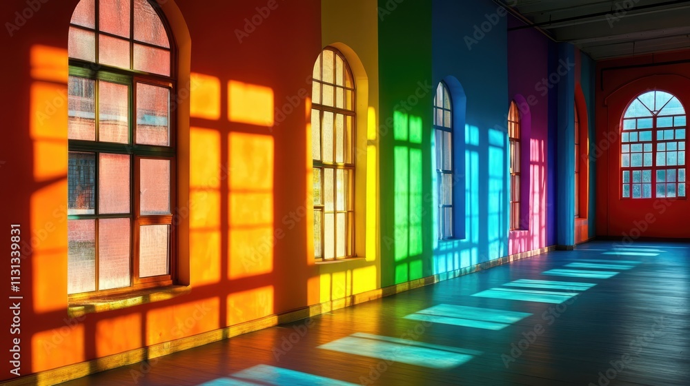 Aufkleber vibrant sunlight streaming through colorful windows illuminating walls in a lively artistic space