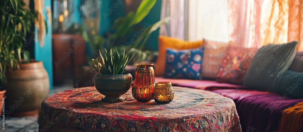 Poster vibrant boho table decor with plants and candles creating a cozy and inviting atmosphere in a colorf