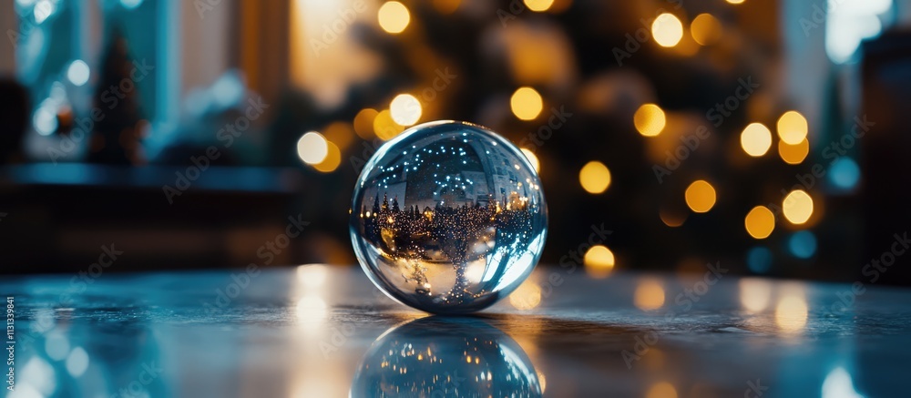 Aufkleber close up of a decorative glitter ball reflecting christmas lights with a blurred bokeh tree in the b