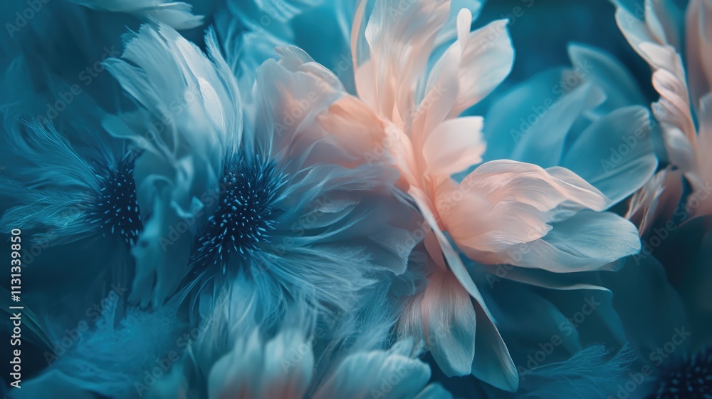Poster surreal close-up of delicate plume flowers in soft blue and peach hues creating a serene floral comp