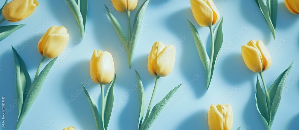 Poster yellow tulips arranged on a light blue background showcasing vibrant colors and delicate petals in a