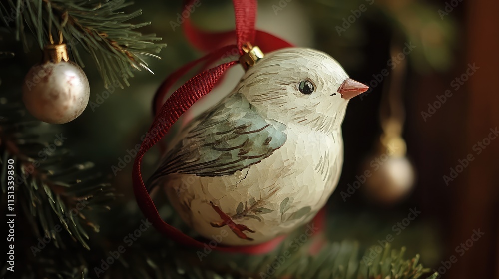 Poster handcrafted christmas bird ornament hanging on a decorated tree branch with soft focus on shiny baub