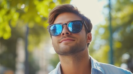 Stylish young man wearing classic blue lens sunglasses outdoors on a sunny day with a blurred natural background and confident expression