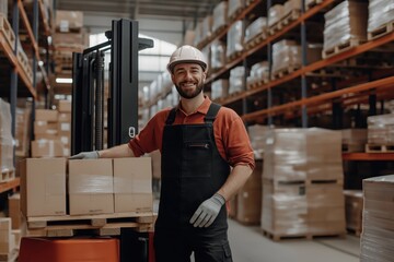 Happy caucasian warehouse worker with boxes. Logistics, storage concept. Suitable for Labor Day, career, business, industry, workplace safety promotions with copy space.