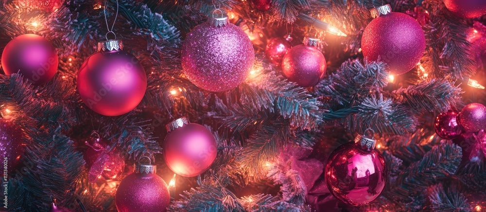 Aufkleber decorative close up of pink ornaments and glowing lights on a christmas tree creating a festive atmo