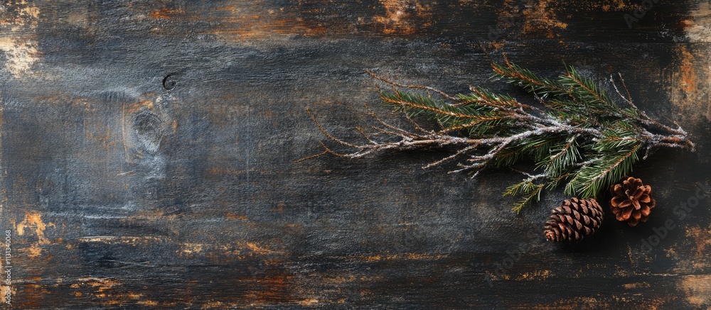 Poster Rustic Christmas backdrop featuring pine tree limbs and cones on dark wooden surface with ample copy space for festive designs