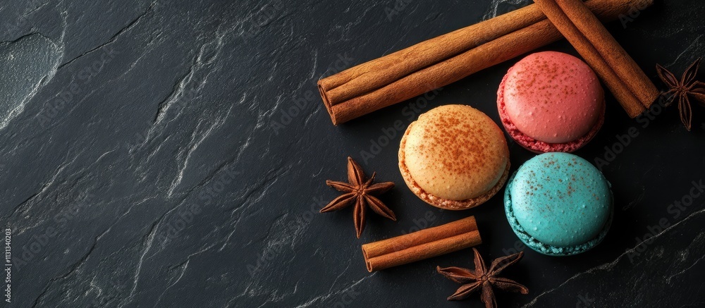 Poster colorful macaroons arranged with aromatic cinnamon sticks on a dark stone background for a delightfu