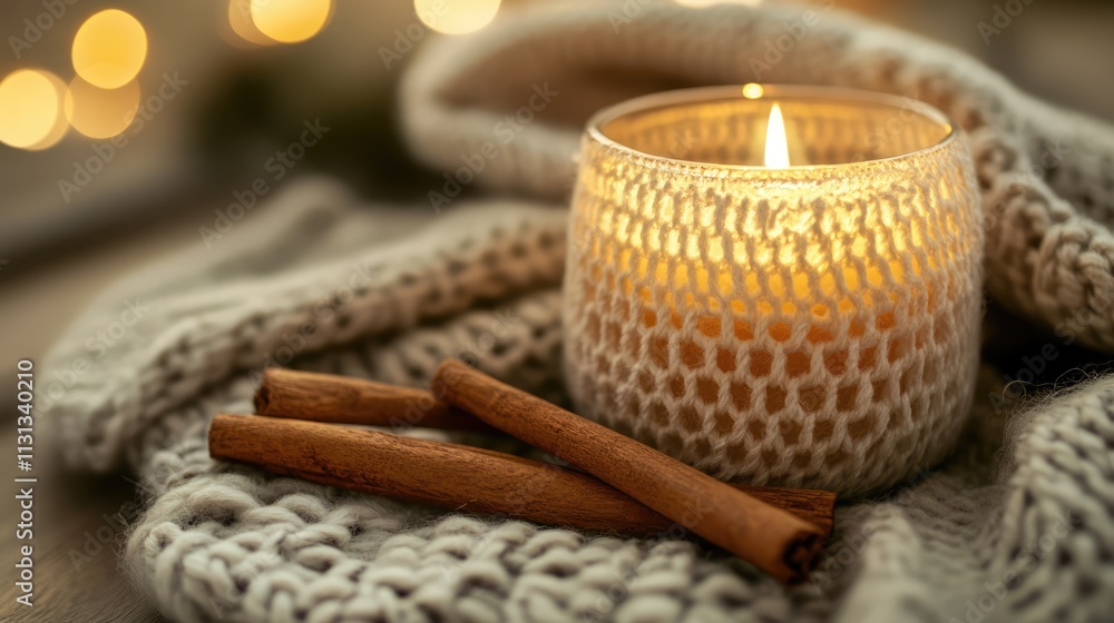 Poster candle with cinnamon sticks on knitted fabric creating a warm and cozy atmosphere for home decor and