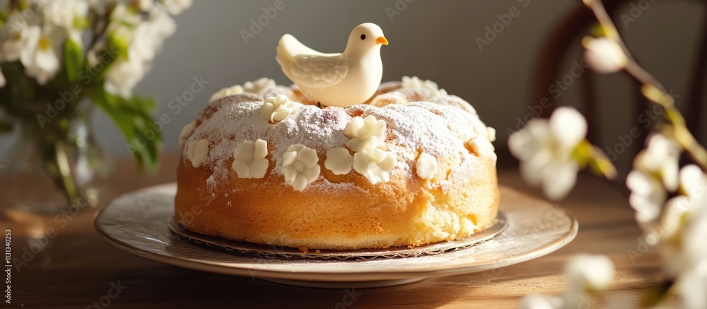 Poster easter dove cake colomba adorned with decorative icing and a charming bird figurine in a spring sett