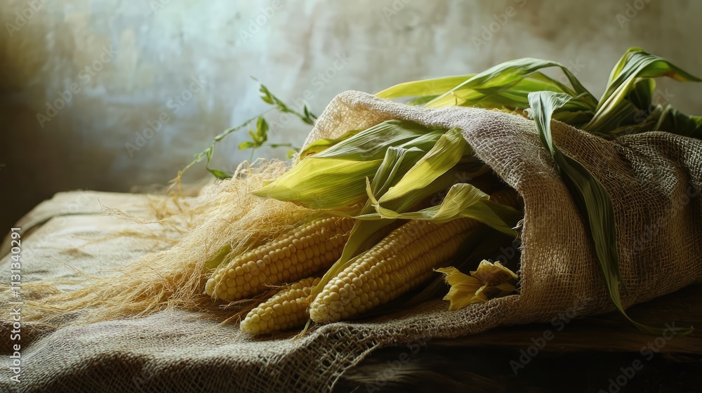 Poster freshly harvested sweet corn displayed on a rustic table wrapped in burlap showcasing vibrant green 