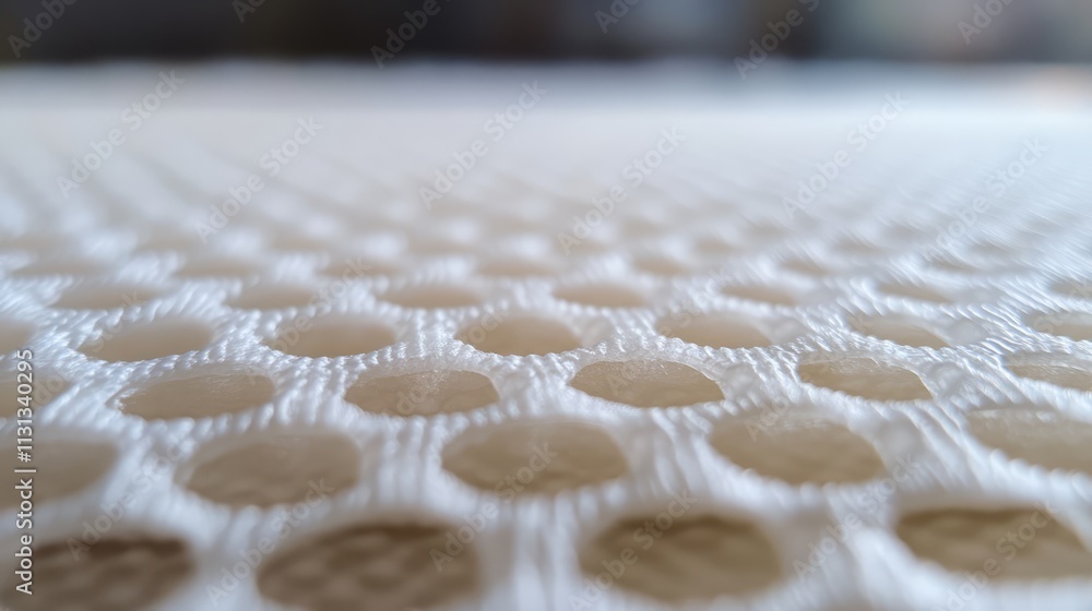 Aufkleber Textured close-up of white nonwoven fusible fabric showing intricate perforations and detailed weave patterns suitable for textile design applications