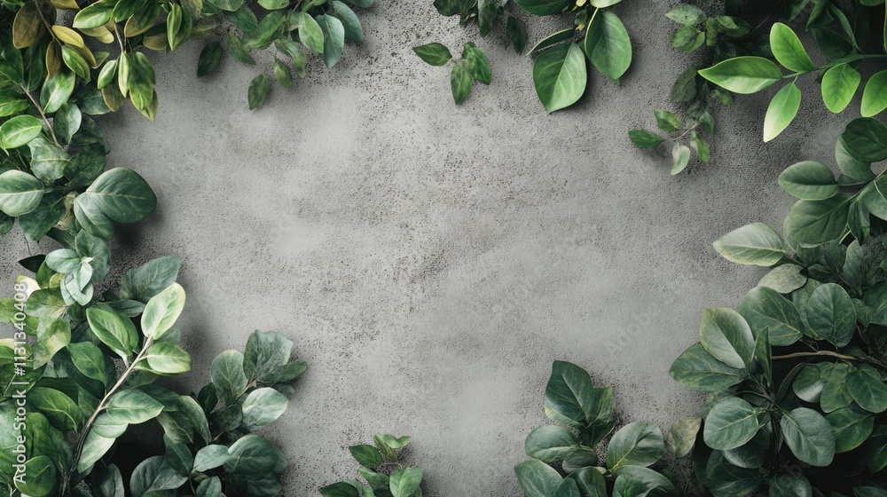 Poster Concrete floor surrounded by lush green leaves creating a natural and calming frame for various design applications