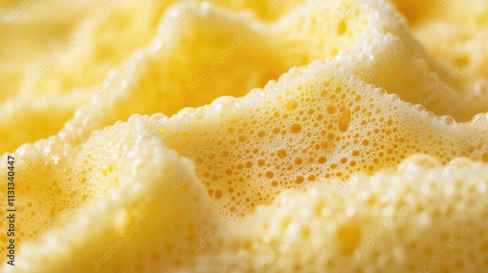 Poster Yellow sponge texture with bubbles showcasing intricate details and soft, organic patterns in close-up photography.
