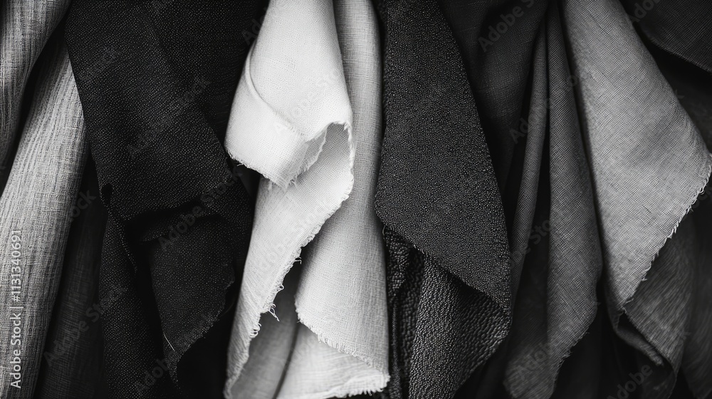 Aufkleber Diverse Collection of Black and White Fabric Samples Displayed in Textured Layers for Textile and Fashion Design Inspiration