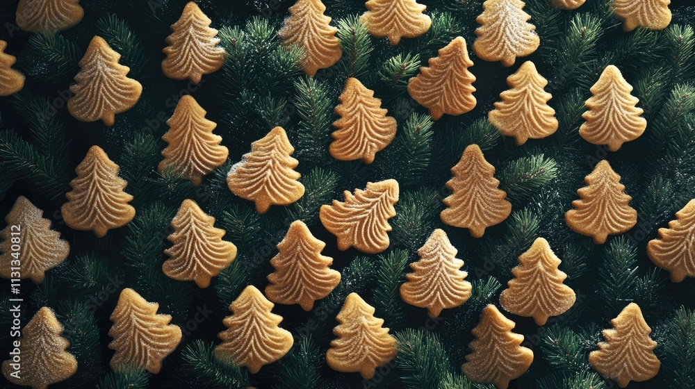 Poster christmas tree shaped cookies arranged on a festive evergreen background with selective focus highli