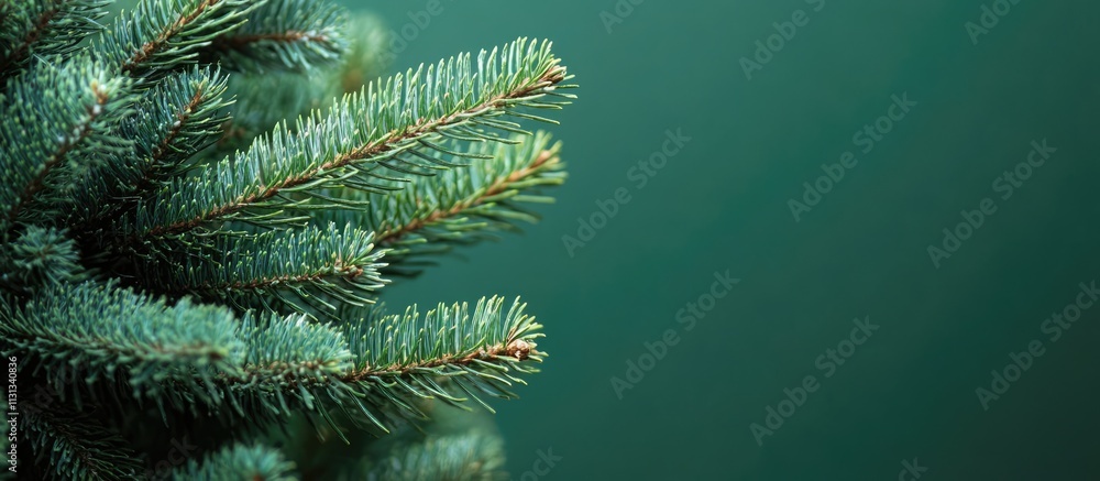 Poster curved tip of a christmas tree branch showcasing lush green needles against a smooth green backdrop 