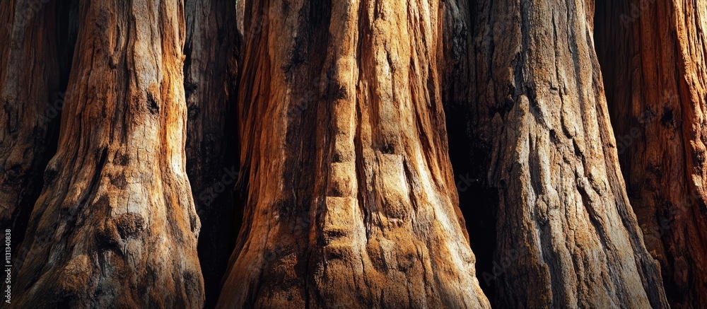 Poster close up of majestic giant sequoia trunks showcasing intricate bark textures in a serene forest sett