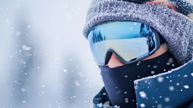 Skier in goggles and snowy background. Winter sports, adventure concept. Suitable for Christmas, New Year, skiing, snowboarding promotions with copy space.