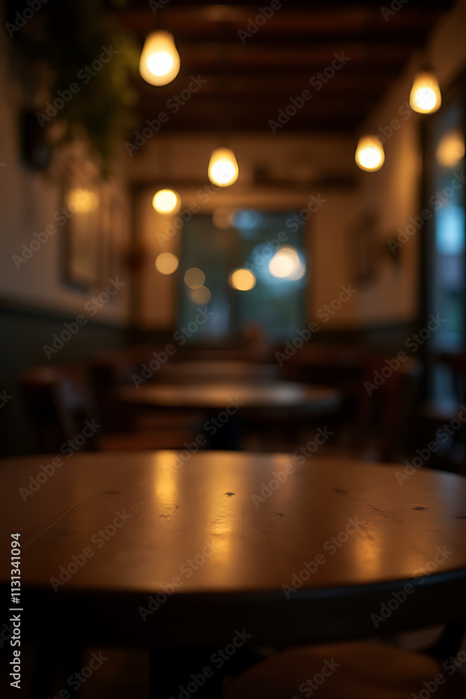 Poster a dimly lit cafe has a clean wooden table with a selective focus on the empty surface at night._0000