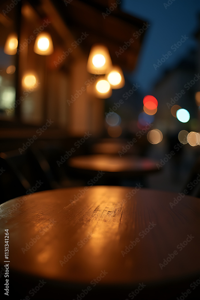 Poster A dimly lit cafe has a clean wooden table with a selective focus on the empty surface at night._00002_