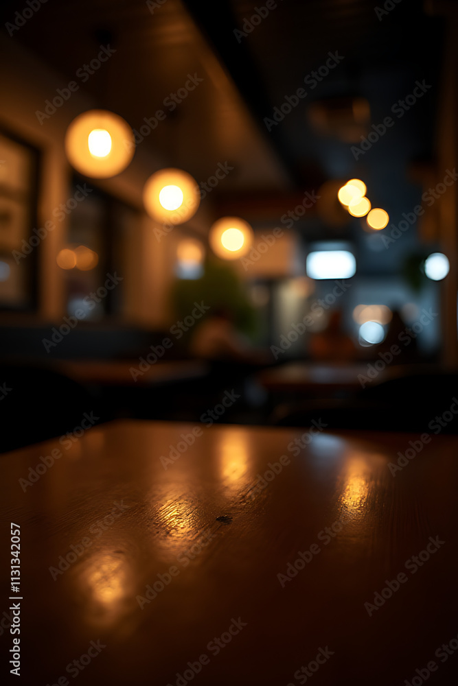 Aufkleber a darkened cafe or restaurant setting features a wood table top with blurred lights creating a bokeh