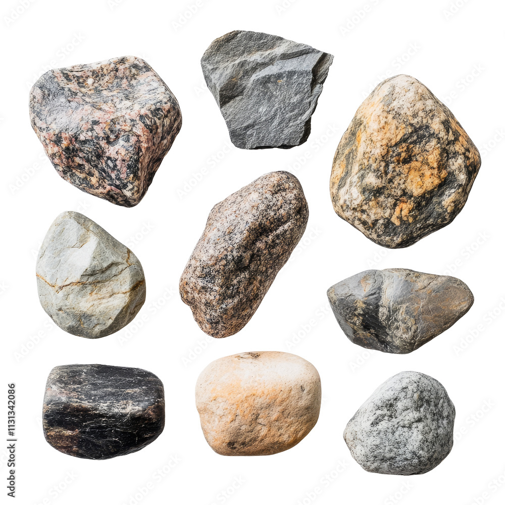Poster a collection of various rocks displayed on a transparent background highlighting natural textures an